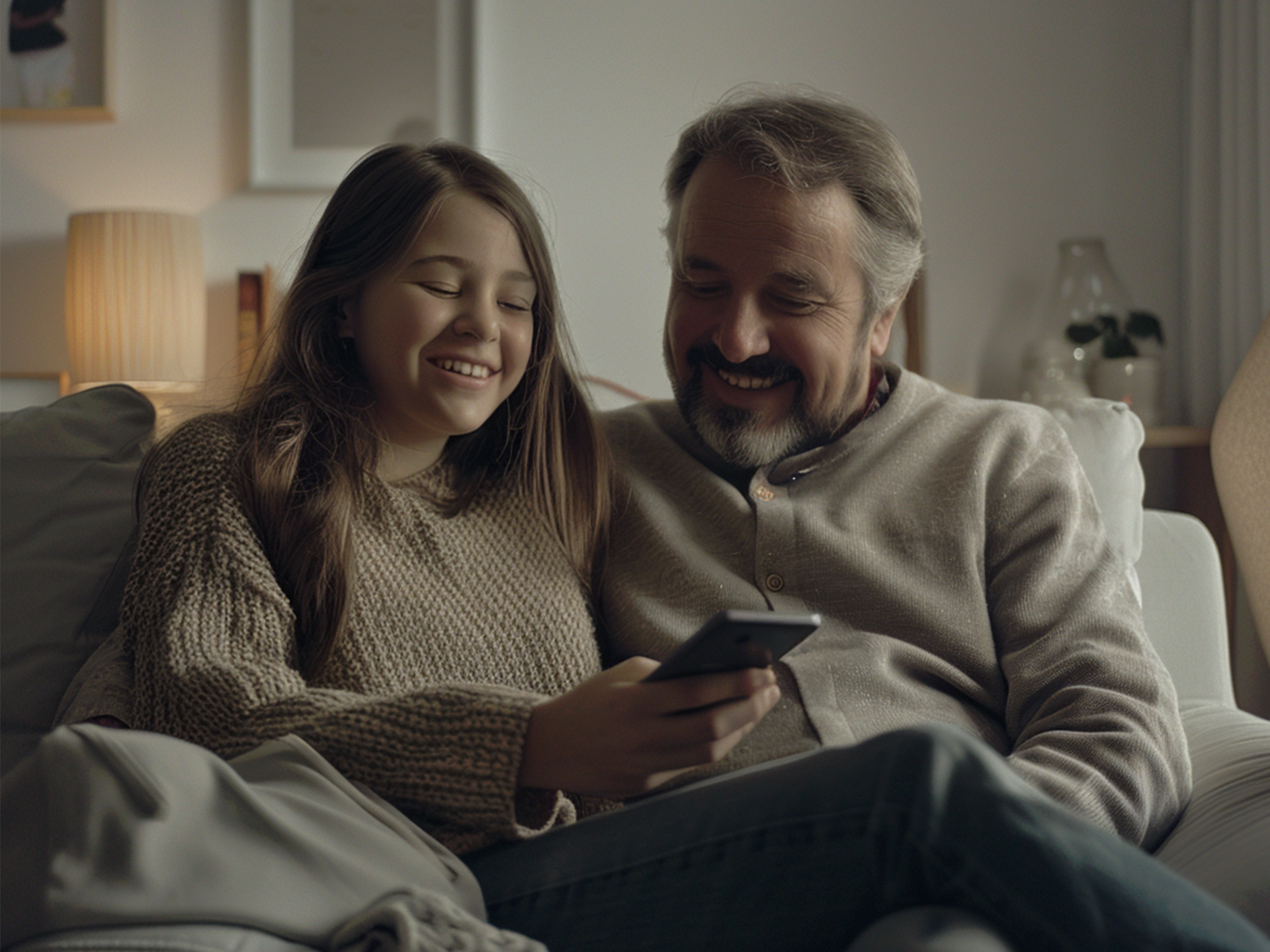 Young girl and older male relative on sofa