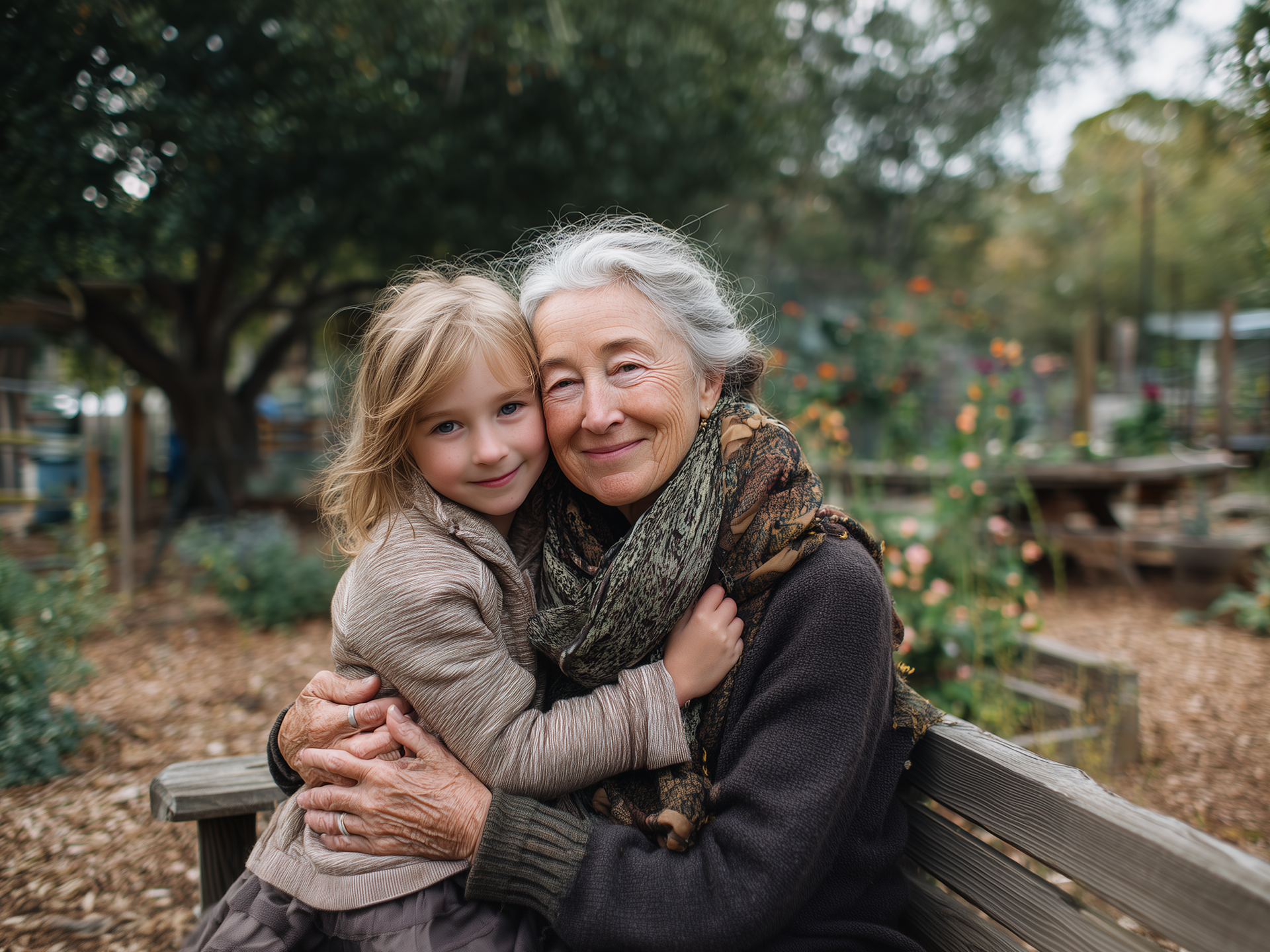 template-funeral-plans 7 Grandmother and grandaughter sitting in park hugging smiling to camera