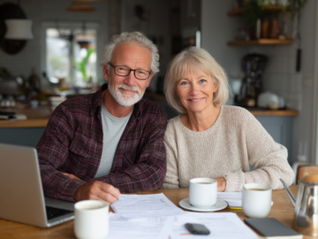 Middle aged couple sitting at table planning with laptop and papers