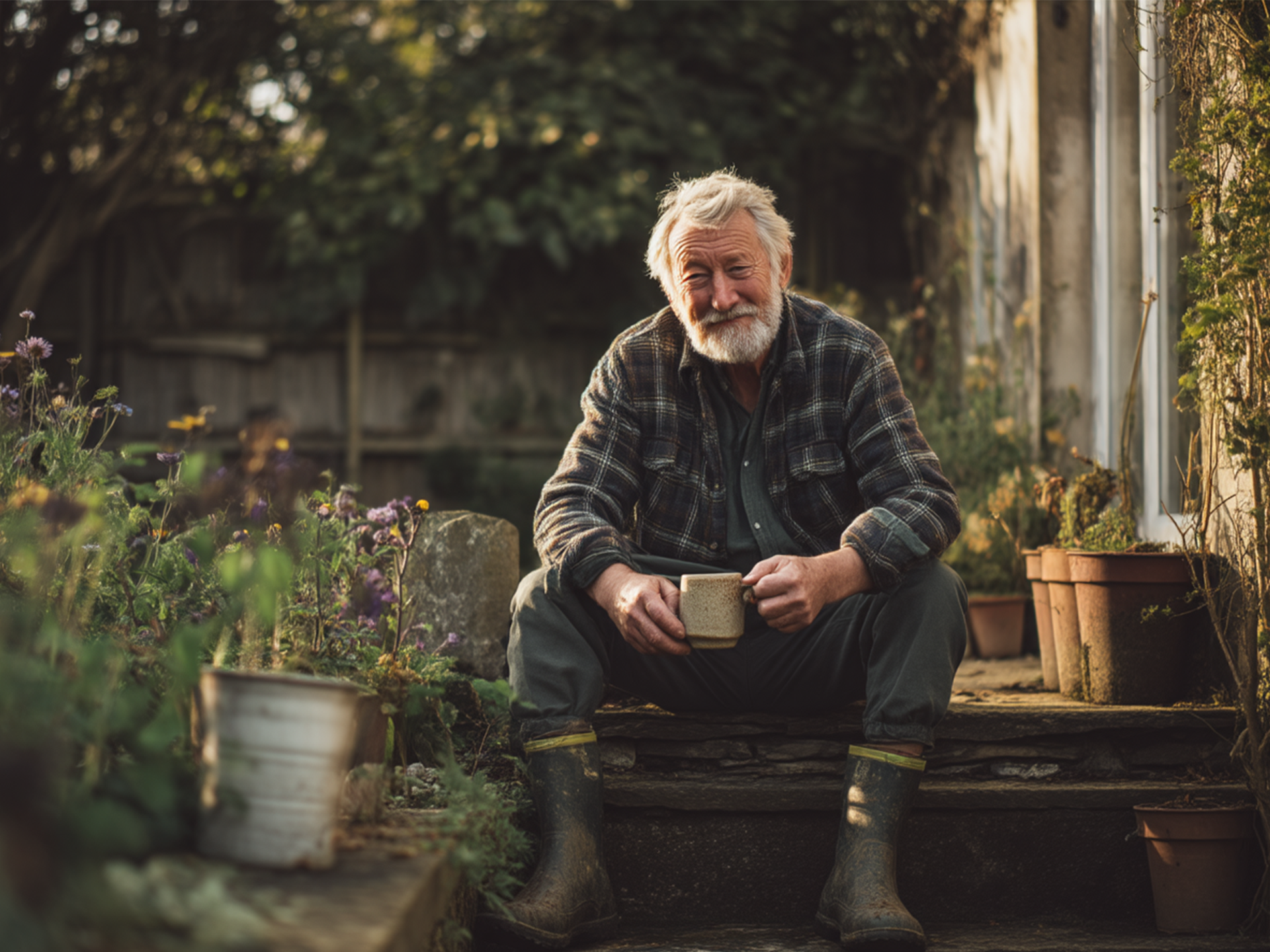 Elderly man sitting alone in garden smiling at camera with cup of hot drink